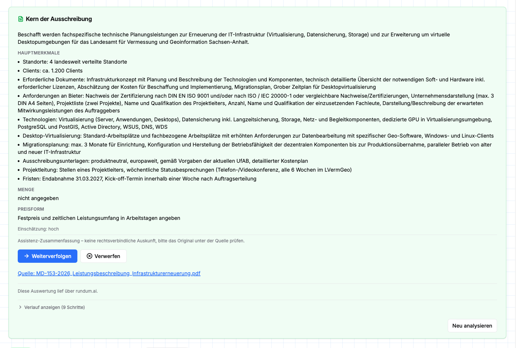 KI-Analyse der Vergabeunterlagen mit Hauptmerkmalen, Anforderungen an Bieter, Fristen und Preisform