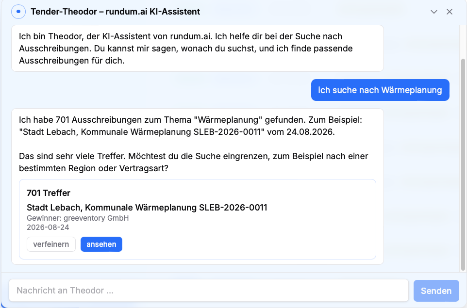 Chat mit Tender-Theodor, dem KI-Assistenten von rundum.ai, der Ausschreibungen zum Thema Wärmeplanung findet