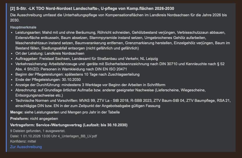 Vergabe-Alert per E-Mail: Landschaftspflege im Landkreis Nordsachsen mit Leistungsarten, Ort, Auftraggeber und Laufzeit