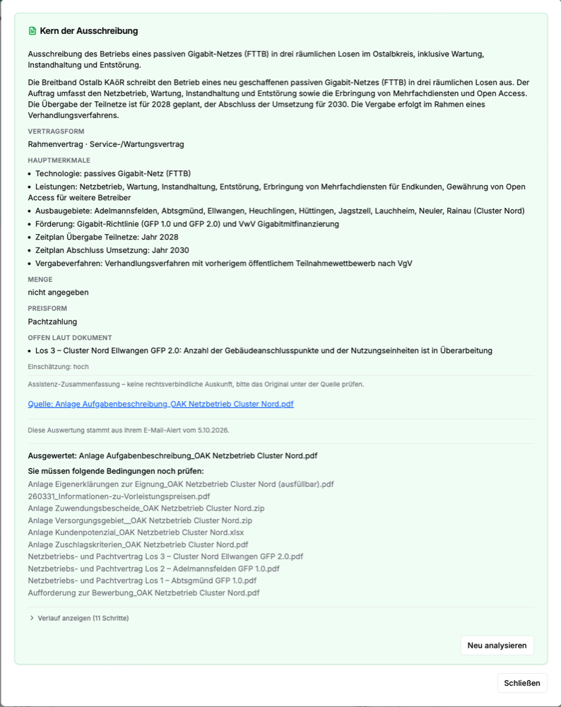 LV-Analyse im Tender-Radar: Betrieb eines Gigabit-Netzes im Ostalbkreis mit Vertragsform, Hauptmerkmalen und Preisform